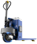 Powerful 6600 Lb Electric Pallet Jack With Lithium Battery And 48V Rechargeable Power For Heavy Duty Warehouse Work Plus Removable Packs and Silent Wheels, side view with blue steel frame.