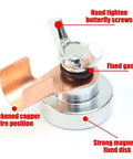 Heavy Duty Magnetic Welding Ground Clamp With Copper Tip For Secure Flat Or Curved Metal Workpiece Fix Fast And Stable Electrical Connection close-up of butterfly screw and copper tip features.