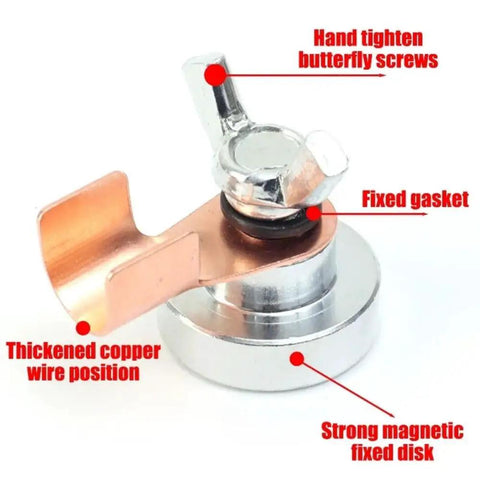Heavy Duty Magnetic Welding Ground Clamp With Copper Tip For Secure Flat Or Curved Metal Workpiece Fix Fast And Stable Electrical Connection close-up of butterfly screw and copper tip features.