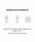 Illustration of Spring Latch Repair Kit With Pins And Staples For Curtains Blinds And Cabinet Doors 130 Piece Set with dimensions and weight.