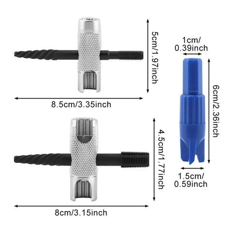 Beefy Grease Zerk Tool Set Two Pack 4 Way Fittings Removal Tools with dimensions and blue accessory, galvanized alloy steel.