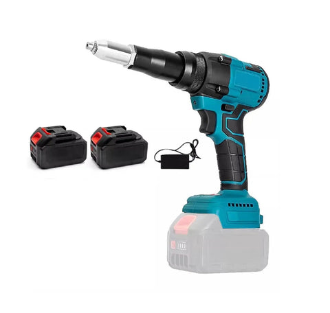 Brushless Cordless Electric Rivet Gun with Two Rechargeable Batteries for Metal Auto Repair and Leather DIY Projects.