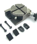 Four Inch Rotary Table For Milling Machines With Four Slots And M6 Clamp Kit, Calibrated 0 To 360 Degrees, 36 To 1 Ratio, shown with accessories