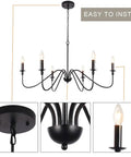 Six Light Wrought Iron Farmhouse Pendant Chandelier With Classic Candle Style For Kitchen Island Dining Room And Living Room Black Matte Finish Easy Install And Low Maintenance shown fully assembled with detail views of installation features.