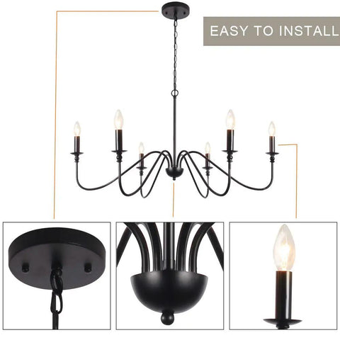 Six Light Wrought Iron Farmhouse Pendant Chandelier With Classic Candle Style For Kitchen Island Dining Room And Living Room Black Matte Finish Easy Install And Low Maintenance shown fully assembled with detail views of installation features.