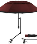 Portable Patio Umbrella With Solid Clamp Mount For Beach Chairs And Golf Carts, No Fuss Manual Open Close, Heavy Duty Sunshade Delivers Top Shelf UV Block And Swift 360 Swivel Base For Laidback Outdoor Chill Days (43 Inch Wine) with black clamp and red canopy.