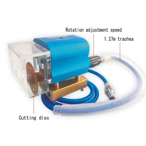 Heavy Duty Pneumatic Dotting Machine for box making with cutting disc, adjusts speed, features aluminum body and hose.