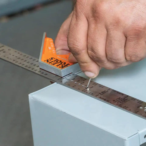 Close-up of 935CSEL Magnetic Combo Square Ruler for Electricians and Carpenters, aluminum tool with bubble level and magnets in use
