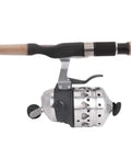 Ambidextrous Spincast Fishing Reel With Stainless Steel Build, 15Lb Line Capacity, attached to rod, visible side view