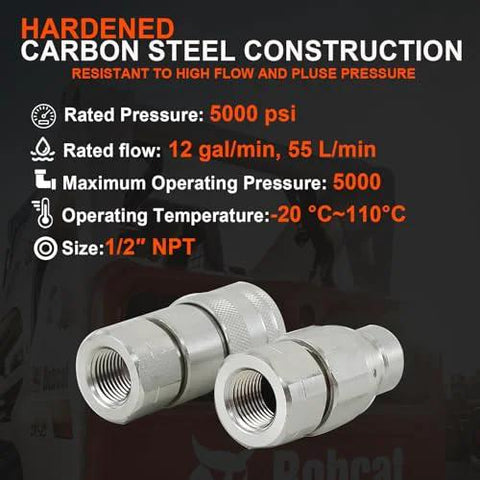 Elifencenter 1/2 in NPT flat-face hydraulic quick-connect couplers, carbon steel, set of two, ISO 16028; Bobcat-compatible