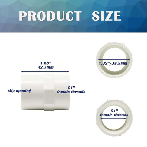 Six Pack 1 Inch PVC Coupling Fittings White Slip To Female Thread Pipe Adapters for Schedule 40 PVC Piping, product size details