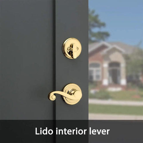 Arlington Single Cylinder Handleset With Lido Lever SmartKey Rekey Tech seen on black door, polished brass finish