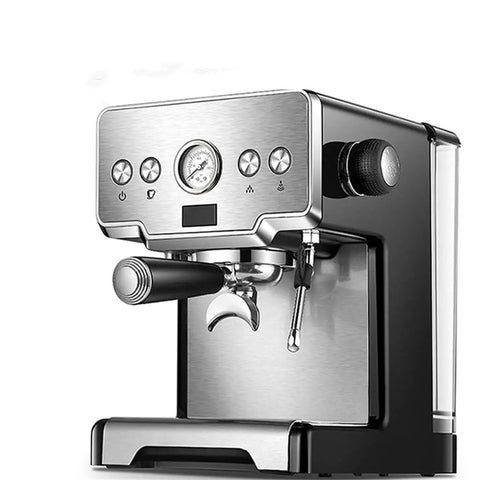 Electric Coffee Machine Milk Frother And Cappuccino Maker With Removable Tank Stainless Steel with control panel and drip tray.