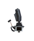 Built Tough Forklift Joystick For Aerial Work Platforms And High Altitude Machines Boasting Rock Solid Anti Slip Rubber Grip and Weather Resistant Boots, top view of black ergonomic joystick.