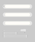 RGB Under Cabinet Lighting Kit With Motion Sensor, 3 ultra thin panels, and plug-in cables on gray background.