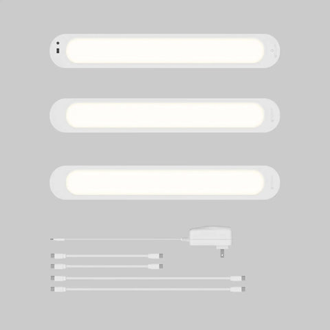 RGB Under Cabinet Lighting Kit With Motion Sensor, 3 ultra thin panels, and plug-in cables on gray background.