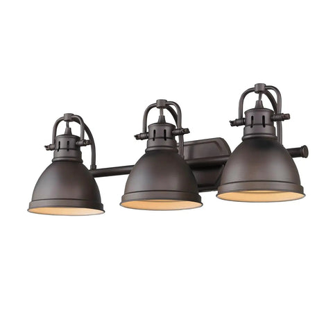 Three Light Bath Vanity in Rubbed Bronze with Matching Shades, Damp Location Rated, Duncan Collection Fixture For Modern Bathrooms