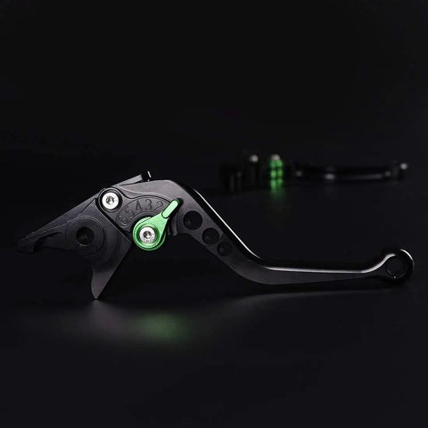 Adjustable Short Brake And Clutch Levers For Kawasaki Z900 Ninja 650 Z650 ergonomic black aluminum lever with green adjuster.