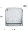Front view of Four Inch Square Plenum Box With Air Tight Knockouts, 2-1/8 Inch Deep, Gray, UL Listed, 30.3 Cu In Capacity, Eleven 1/2 Inch and Five 3/4 Inch Knockouts, Drawn.