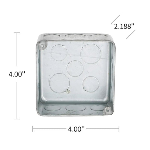Front view of Four Inch Square Plenum Box With Air Tight Knockouts, 2-1/8 Inch Deep, Gray, UL Listed, 30.3 Cu In Capacity, Eleven 1/2 Inch and Five 3/4 Inch Knockouts, Drawn.