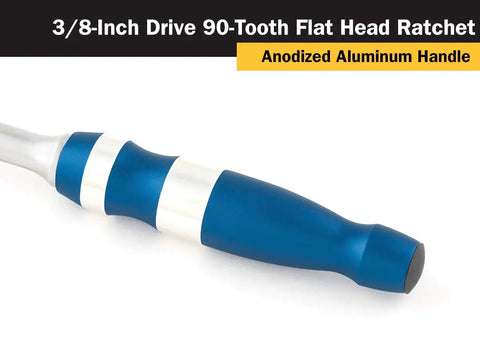 Three Eighth Inch Drive Flat Head Ratchet 12 Inch Length 90 Tooth Reversible Mechanism anodized aluminum handle detail