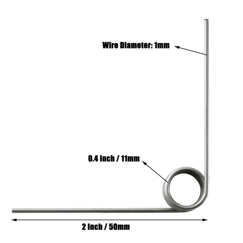 Torsion spring, side view: stainless steel, 1 mm wire, 11 mm outside diameter, 2 in long with a 90-degree bend