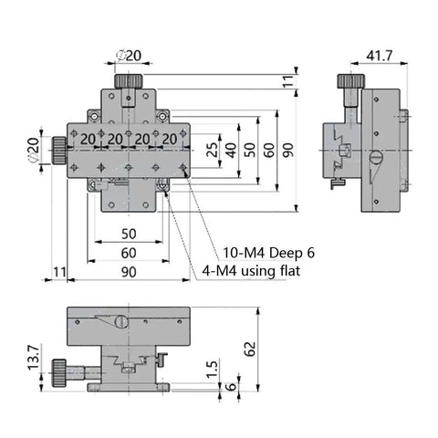 Technical diagram of Manual XY Linear Stage For Precision Trimming, 40x90mm Platform With Detachable Gear Guide, Dovetail Rail System.
