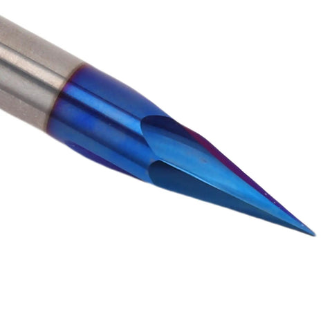 Close-up of Durable Nano Coated 3 Flute Carbide V Groove Router Bit With 1/4 Inch Shank And 30 Degree Angle for precision engraving.