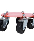 Heavy Duty Snowmobile Dolly Set With Steel V Slide, 1500 Lb Capacity, Two And A Half Inch Swivel Casters, Adjustable Nylon Tie Down Straps, Red Finish, Built Tough For Garage Storage And Easy Transport close-up of red steel caster base
