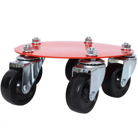 Heavy Duty Snowmobile Dolly Set With Steel V Slide, 1500 Lb Capacity, Two And A Half Inch Swivel Casters, Adjustable Nylon Tie Down Straps, Red Finish, Built Tough For Garage Storage And Easy Transport close-up of red steel caster base