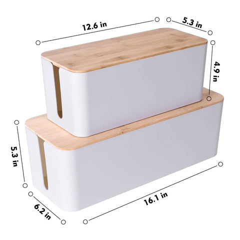 2 Pack Large Cable Management Box Set With Wooden Style Cord Organizer And Cover For TV Wires, Computer, Router, USB Hub And Under Desk Power Strip, Safe ABS Material, Baby And Pet Proof Lock, White, shown with dimensions