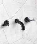 Brushed Nickel Tub Faucet With Wall Mounted Spout 3-Hole High Flow Tub Filler 2-Handle Valve And Trim Kit on marble wall