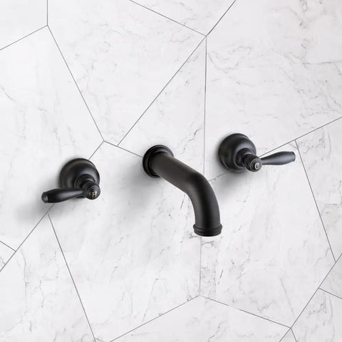 Brushed Nickel Tub Faucet With Wall Mounted Spout 3-Hole High Flow Tub Filler 2-Handle Valve And Trim Kit on marble wall
