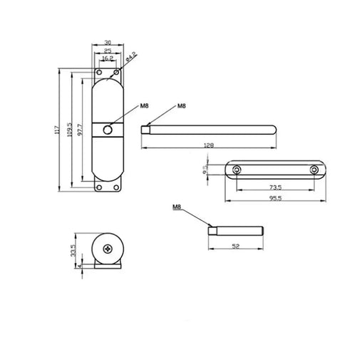 Diagram of Adjustable Surface Mounted Automatic Door Closer Zinc Alloy Fire Rated Stopper Hardware Kit with dimensions.