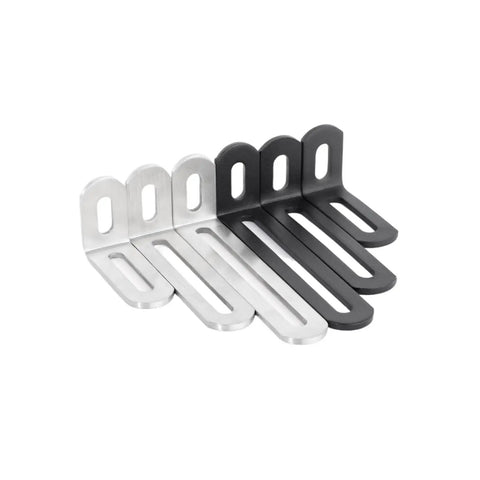 Premium Quality Heavy Duty Stainless Steel Adjustable Corner Brackets Built Like A Tank With Rock Solid Grip For 90 Degree Wood Shelving And Furniture Upgrades, set of two in silver and black.