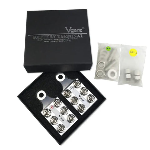 12 Way Post Terminal Distribution Block Bus Bar for 8 AWG to 4/0 XL Wire shown with box and accessories, M10, 3/8-16 studs.
