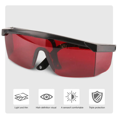Top Shelf Red Laser Safety Glasses With Slick Visibility Boost And Flexible Adjustable Frames To Beat Eye Fatigue On Busy Job Sites Plus Comes With A Nifty Hard Shell Case, close-up view showing red lenses and sleek design.