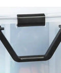 Close-up of the secure grip handle on the Clear Plastic Storage Bin With Locking Lid Rolling Wheels Weather Tight Seal.
