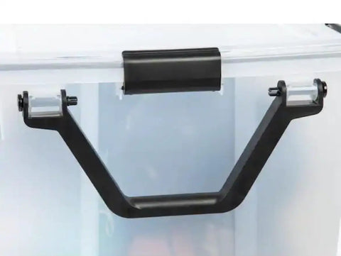 Close-up of the secure grip handle on the Clear Plastic Storage Bin With Locking Lid Rolling Wheels Weather Tight Seal.