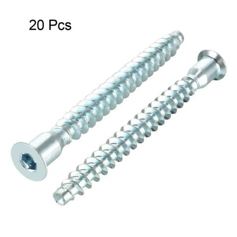 Close-up of 20 Piece Hex Socket Countersunk Furniture Confirmat Screws Set In Sizes 7x39 7x49 7x59 7x69mm Self Tapping Wood Connectors