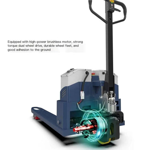 Heavy Duty 6600 Lb Electric Pallet Jack Walkie With Lithium Battery showing durable dual wheel drive motor for stability indoors.