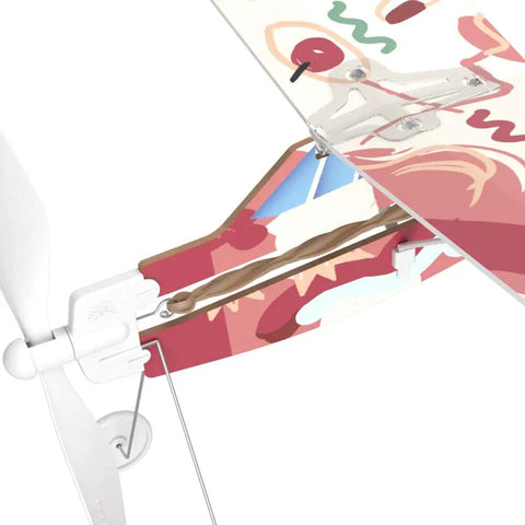 Rubber Band Aeroplane High Wing STEM Kit Lets You Fly Your Own Plane With A Handy Learning Booklet And Activities Battery Free For Indoor Or Outdoor Fun Includes Display Stand To Show Off Your Design Ages 14 Plus, close-up of wing and rubber band motor