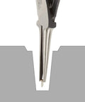 Close-up of pocket sized mini needle nose pliers with serrated jaw for precision grips long tapered nose crosscut teeth in action