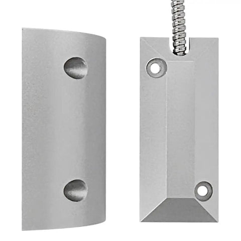 Rugged Wired Garage Door Magnetic Switch For Roller Shutter NC with 15 Inch Armored Cable and metal housing, front view.