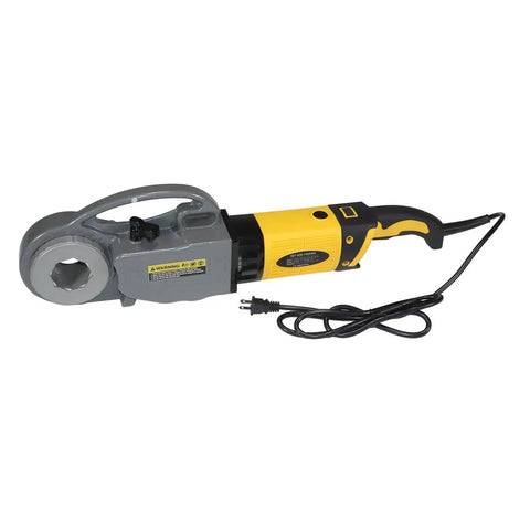 Handheld Power Pipe Threader Knocks Out 1/2 To 2 Inch Npt with gray and yellow design, electric cord, and ergonomic handle.