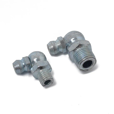 Two blue zinc electroplated grease fittings from Must-Have Hydraulic Grease Fitting Assortment Kit, sizes 1/8" and 1/4"