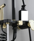 Heavy Duty Wall Mount Shower System With Slick Black Finish Adjustable Rain Head Four Way Mixer Valve Easy Grip Handheld Sprayer And Top Shelf Stainless Steel Bathroom Combo Kit showing the detailed valve controls and sprayer.