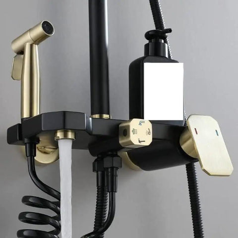 Heavy Duty Wall Mount Shower System With Slick Black Finish Adjustable Rain Head Four Way Mixer Valve Easy Grip Handheld Sprayer And Top Shelf Stainless Steel Bathroom Combo Kit showing the detailed valve controls and sprayer.