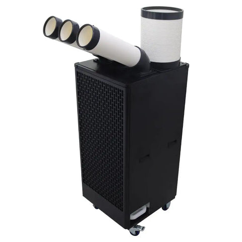 Pro Grade Heavy Duty Industrial Spot Cooler And Portable Commercial Air Conditioner Packing Badass 22500 Btu Hour Cooling for indoor use with flexible ducts.