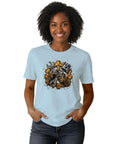 Rugged Garage Project T-Shirt With Vintage Piston Wrench And Gear Badge Design For Hardcore DIY Builds, Engine Repair Work, And Weekend Shop Creations Featuring Distressed Vector Graphics On Mens Heavyweight Cotton, light blue color.